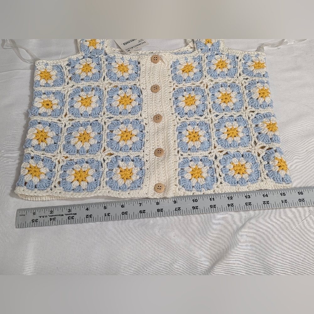 Cotton Emporium Blue and Yellow Vintage Inspired Crochet Crop Top Size Small - Picture 8 of 10